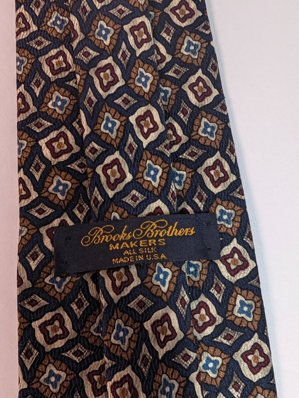 Brooks Brothers Makers Silk Neck Tie Men Blue Tan Red Designer Diamonds USA EUC